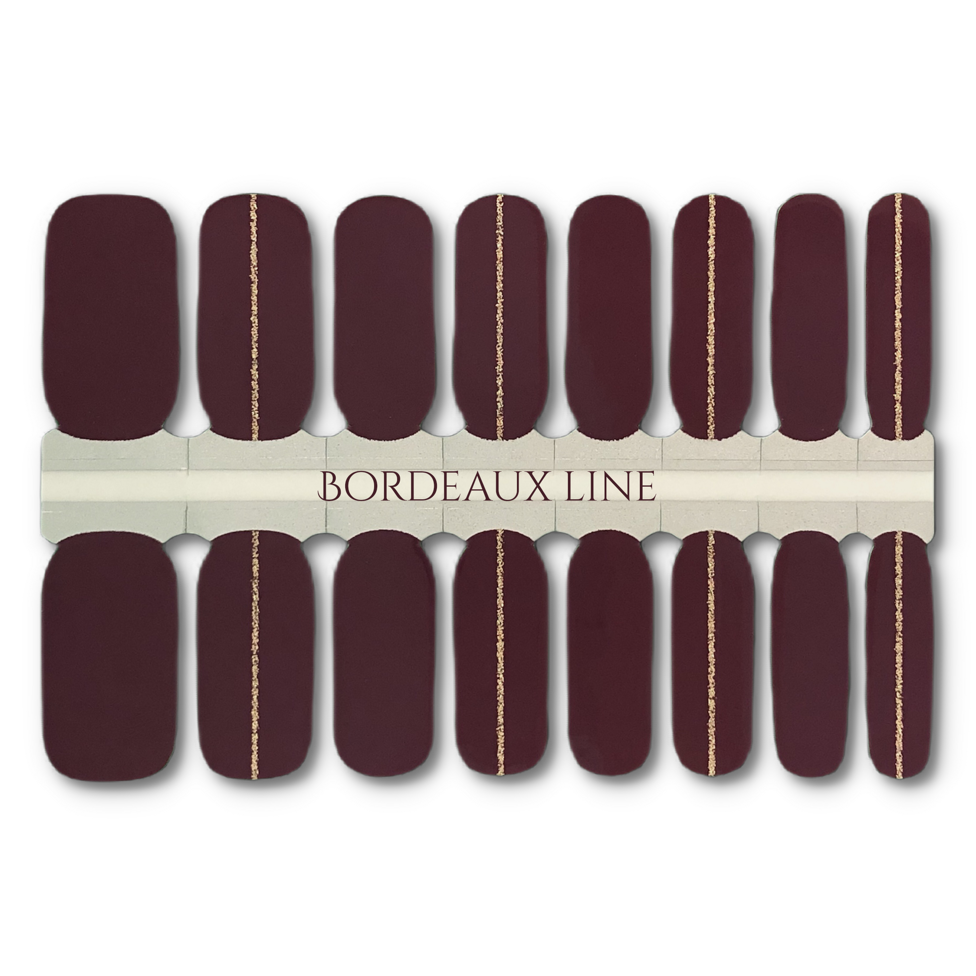 16 Real nail polish strips also called nail wraps or nail stickers. Deep wine in a cream finish with gold glitter accents.