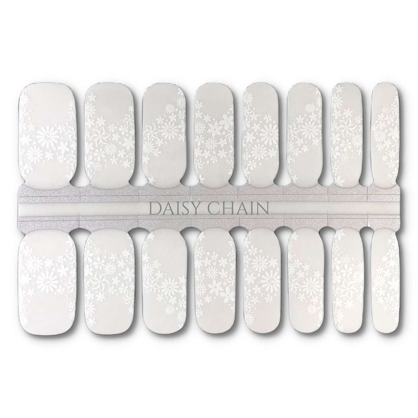 16 Real nail polish strips also called nail wraps or nail stickers. Clear base with white floral overlay.