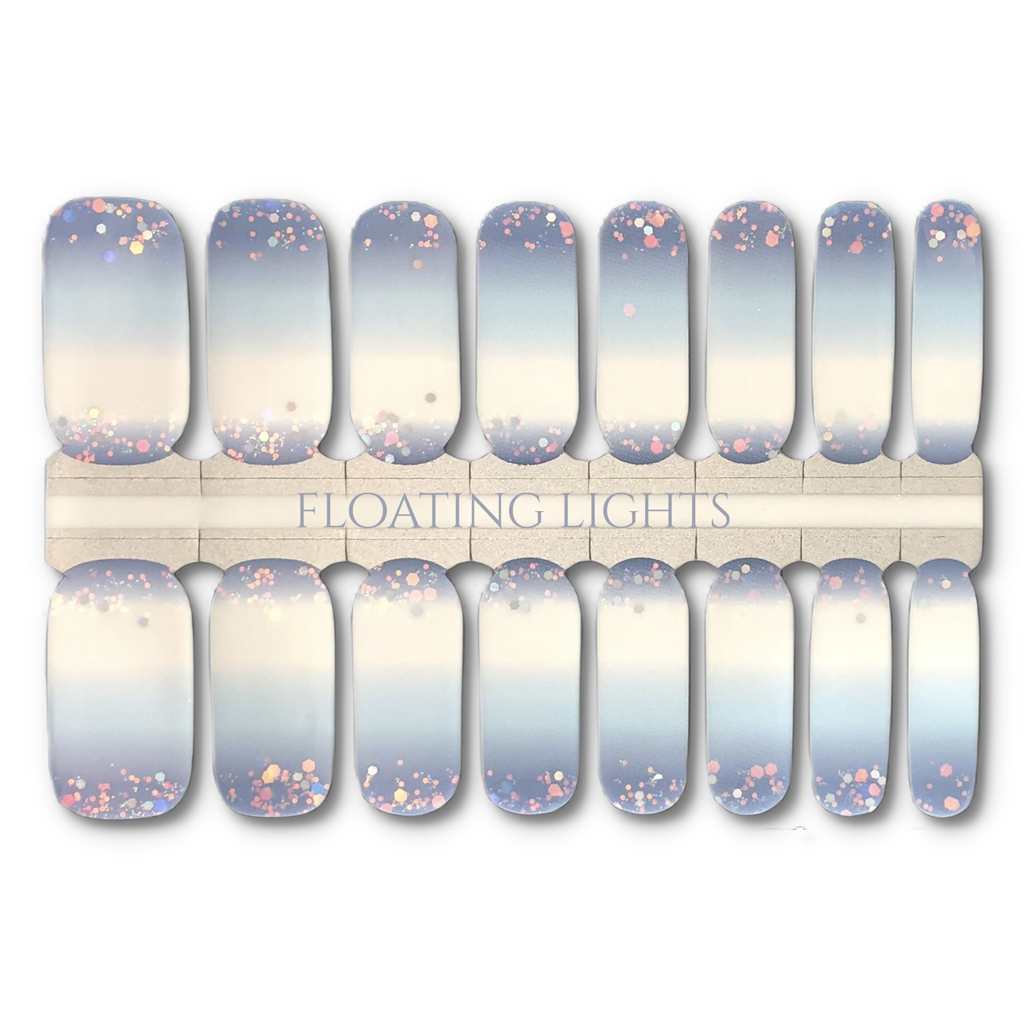 16 Real nail polish strips also called nail wraps or nail stickers. Blue-grey to white cream finish ombré with holographic glitter at cuticles.
