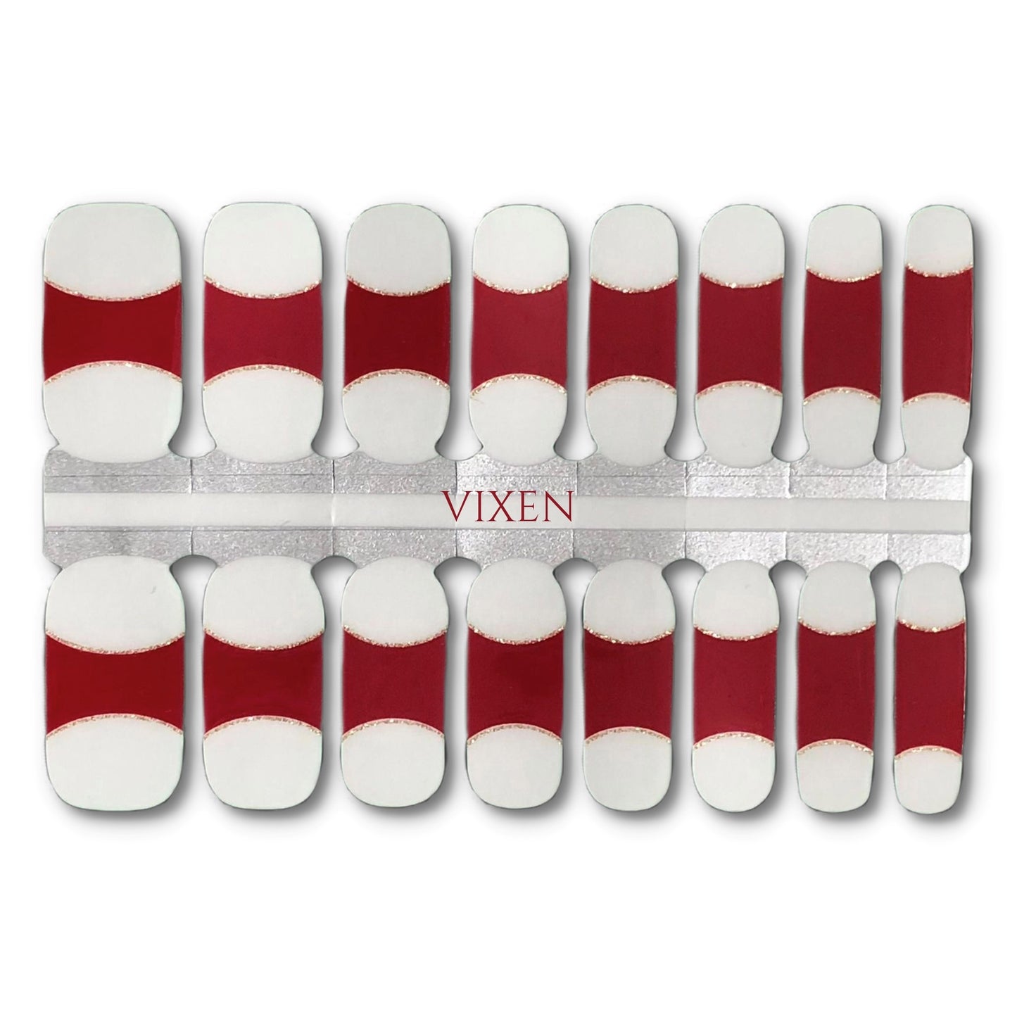 16 Real nail polish strips also called nail wraps or nail stickers. Deep red French tips featuring a glitter gold smile line.