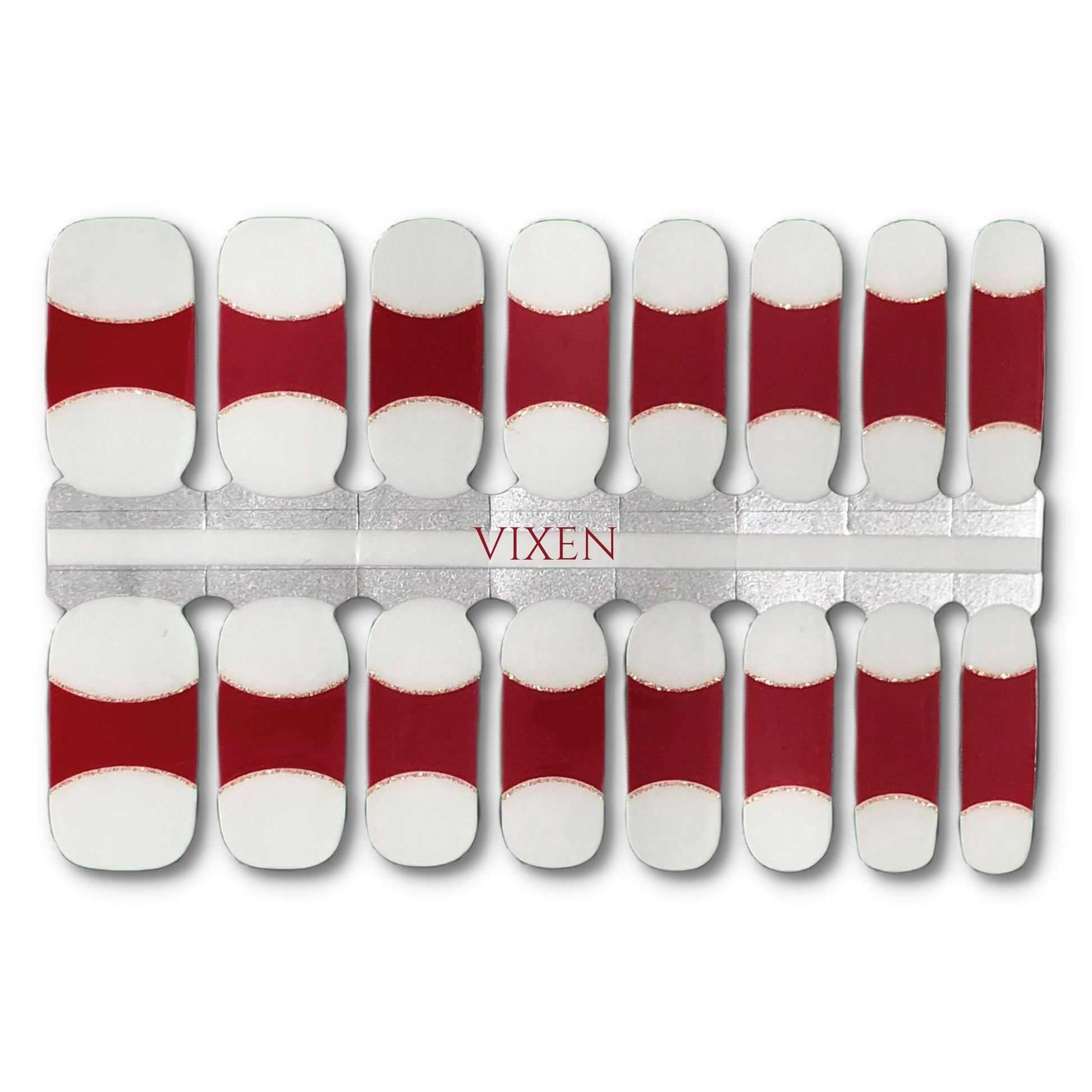 16 Real nail polish strips also called nail wraps or nail stickers. Deep red French tips featuring a glitter gold smile line.
