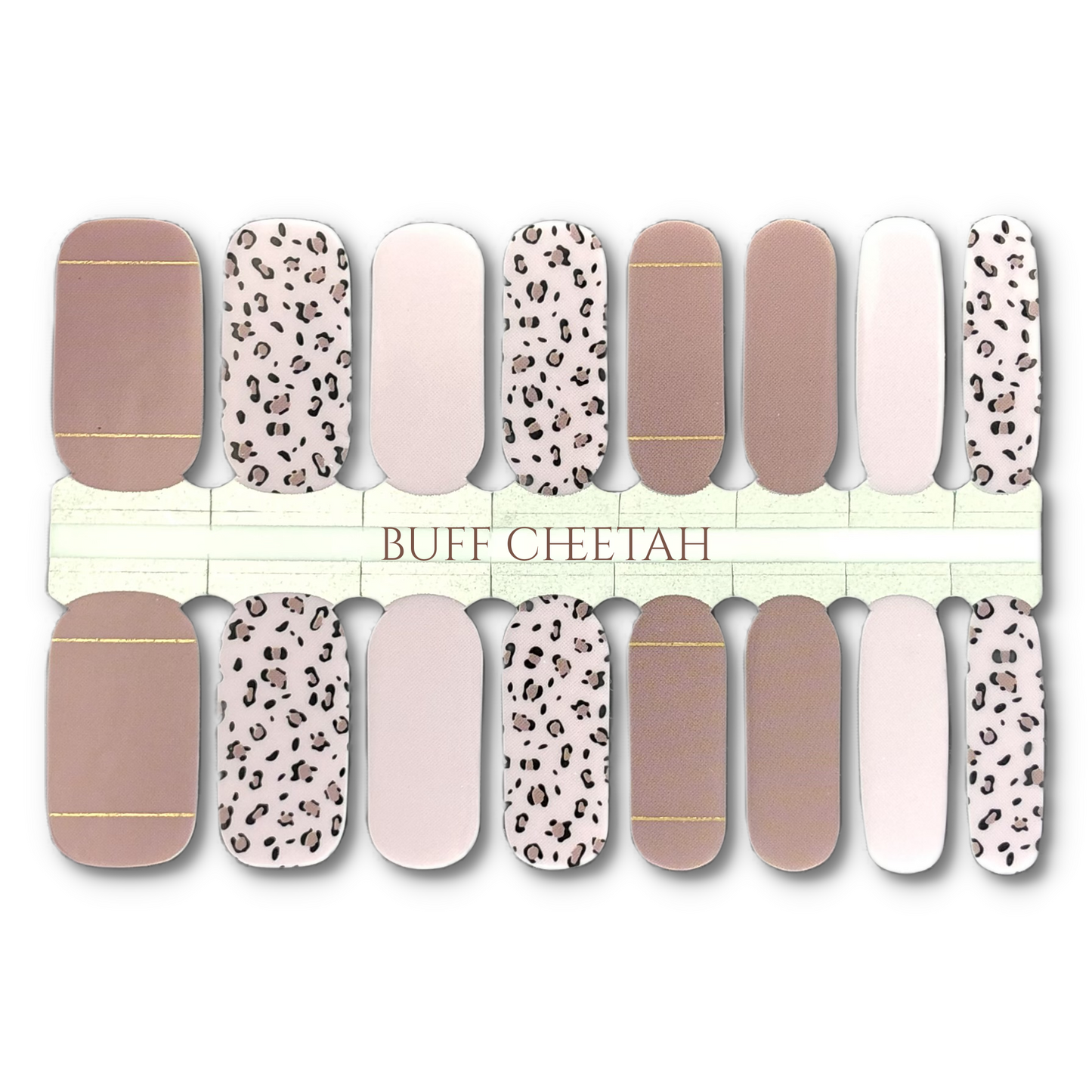 16 Real nail polish strips also called nail wraps or nail stickers. Warm neutral pinks with metallic gold accents and cheetah print accent strips.