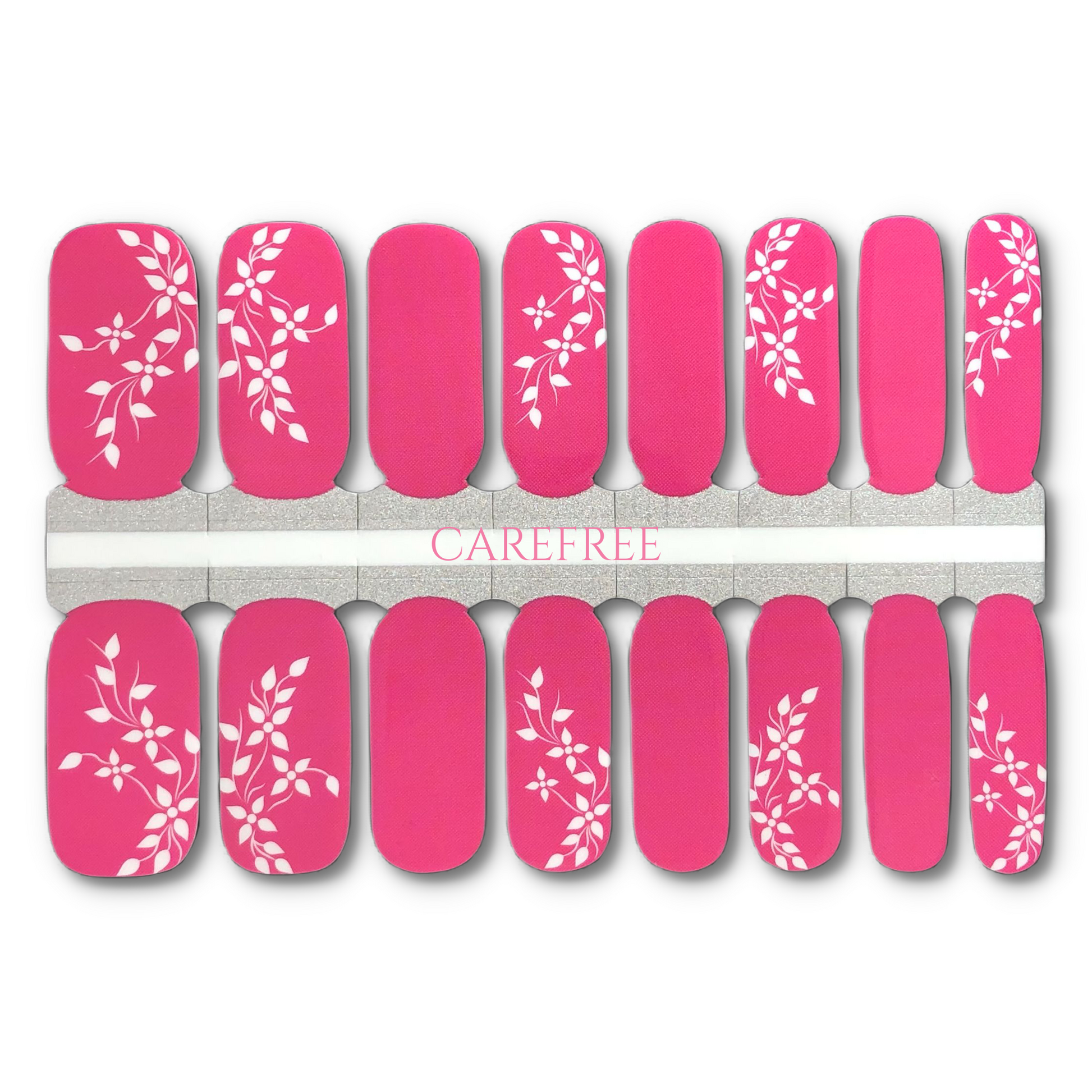 16 Real nail polish strips also called nail wraps or nail stickers. Deep pink base with white foliage design in a cream finish.