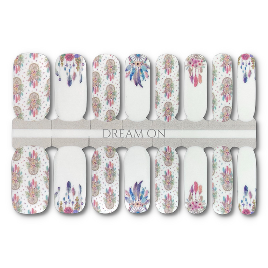 16 Real nail polish strips also called nail wraps or nail stickers. Cream color base with dream catcher designs and a subtle iridescent finish. subtle