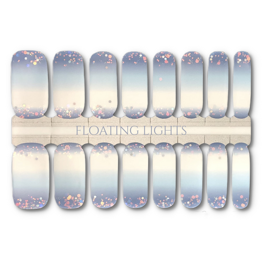 16 Real nail polish strips also called nail wraps or nail stickers. Blue-grey to white cream finish ombré with holographic glitter at cuticles.