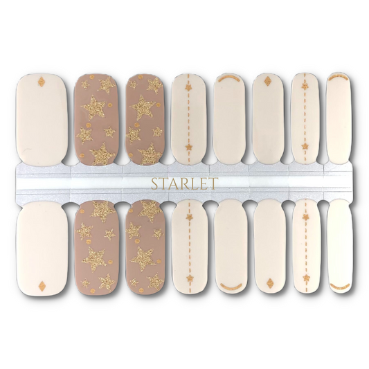 16 Real nail polish strips also called nail wraps or nail stickers. Solid cream and taupe colors with metallic gold accents and gold glitter stars ✨