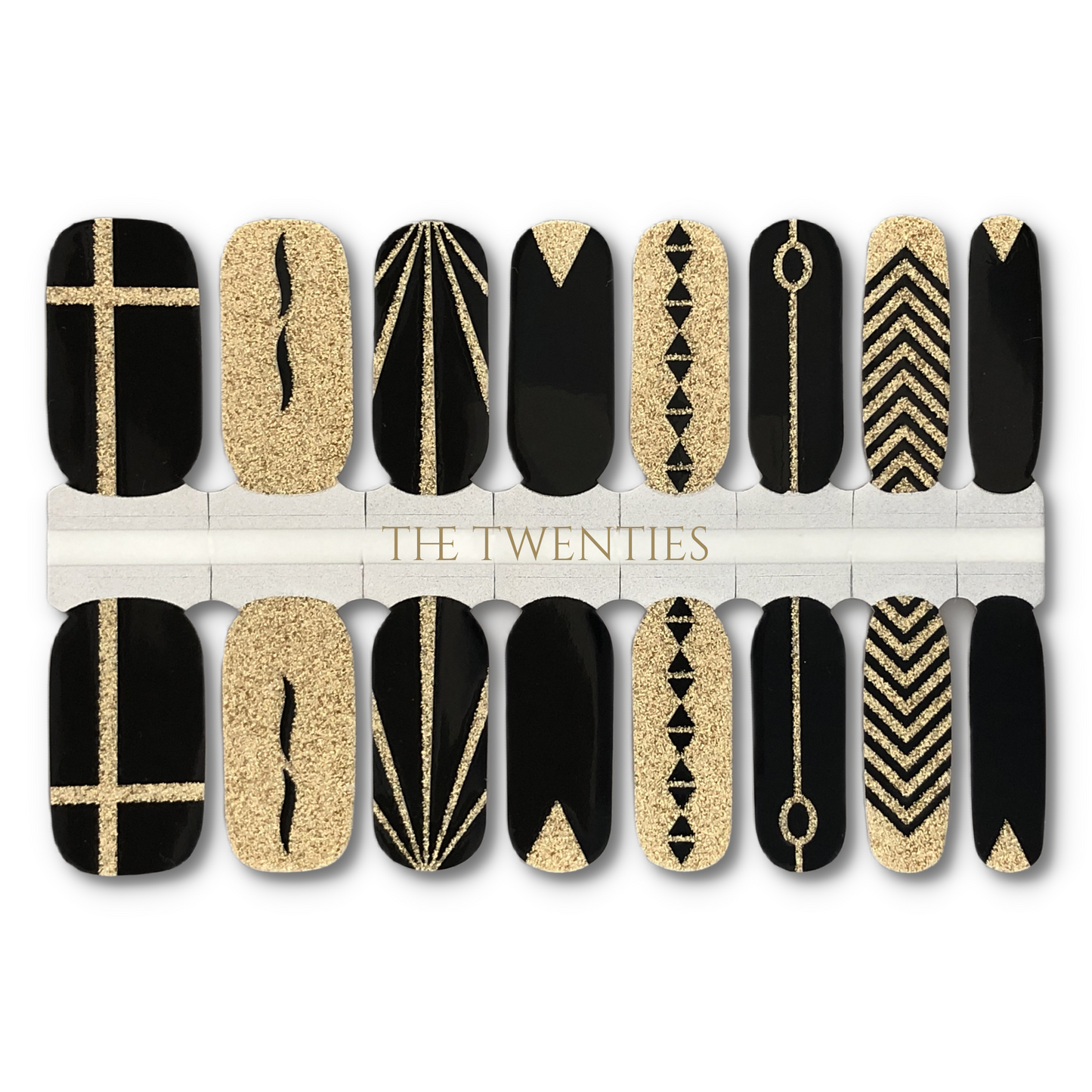 16 Real nail polish strips also called nail wraps or nail stickers. A black and glitter gold design that may evoke an urge to watch The Great Gatsby while spraying champagne around your living room.