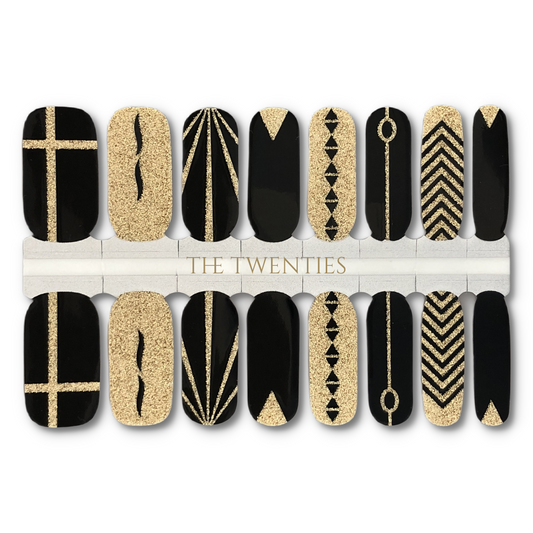 16 Real nail polish strips also called nail wraps or nail stickers. A black and glitter gold design that may evoke an urge to watch The Great Gatsby while spraying champagne around your living room.