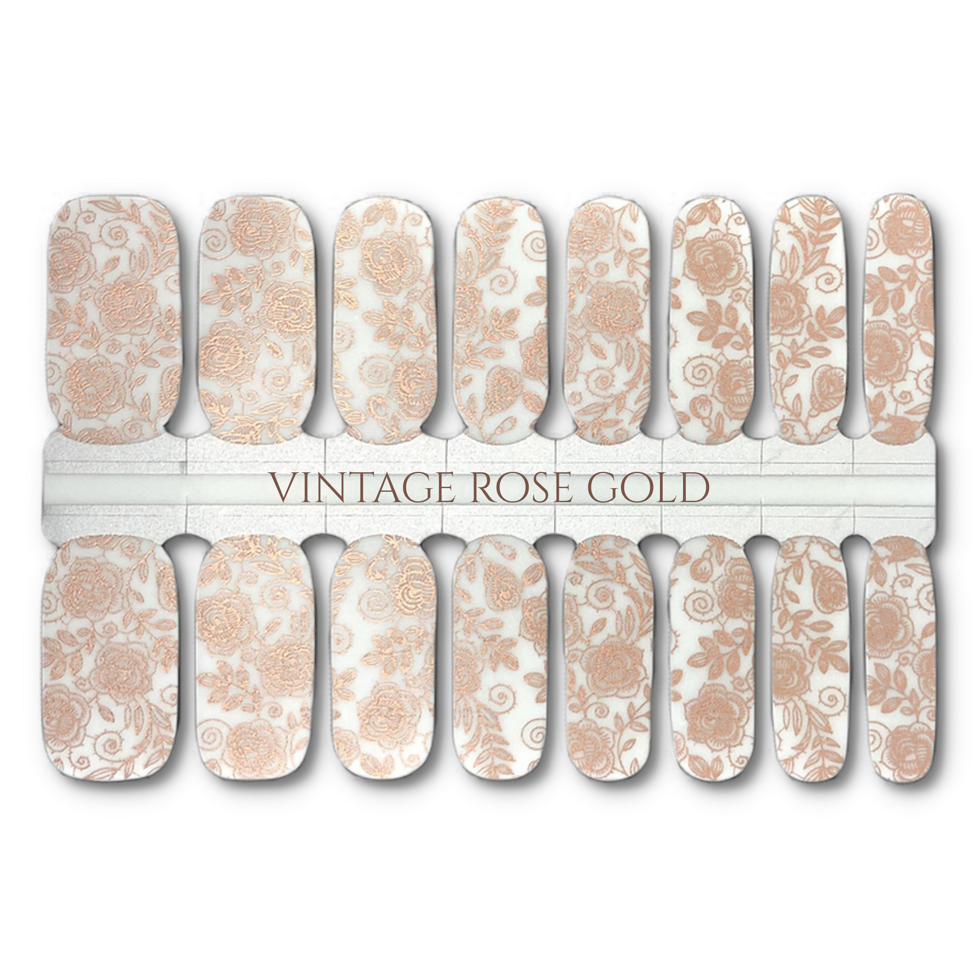 16 Real nail polish strips also called nail wraps or nail stickers. Transparent with a vintage floral design in rose gold.