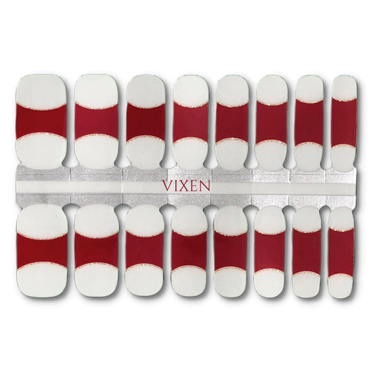 16 Real nail polish strips also called nail wraps or nail stickers. Deep red French tips featuring a glitter gold smile line.