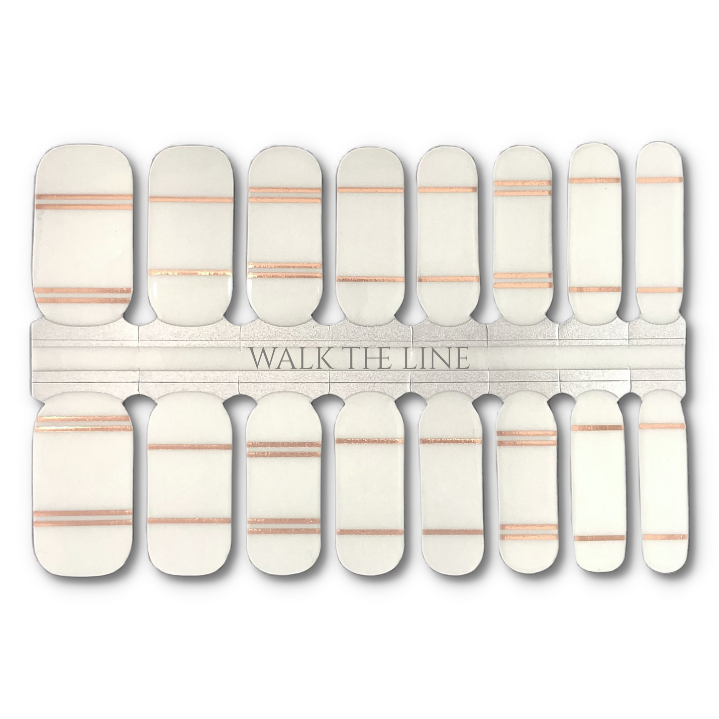 16 Real nail polish strips also called nail wraps or nail stickers.  Transparent with rose gold lines. Perfect to jazz up  a solid wrap or add to a design.